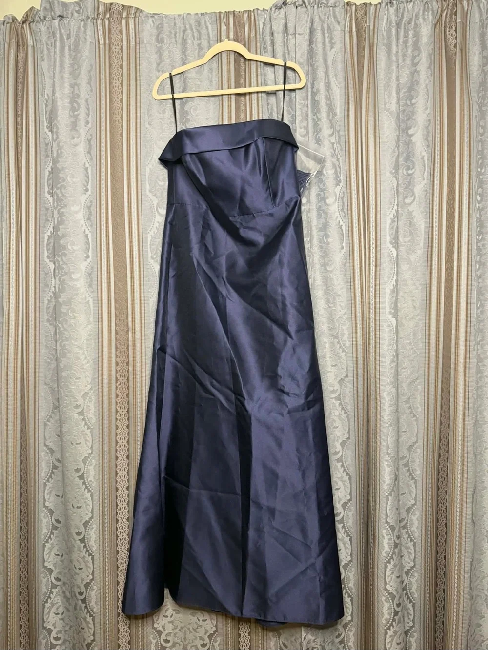 Alfred Sung Eliza Bow Back Strapless Satin Column Gown